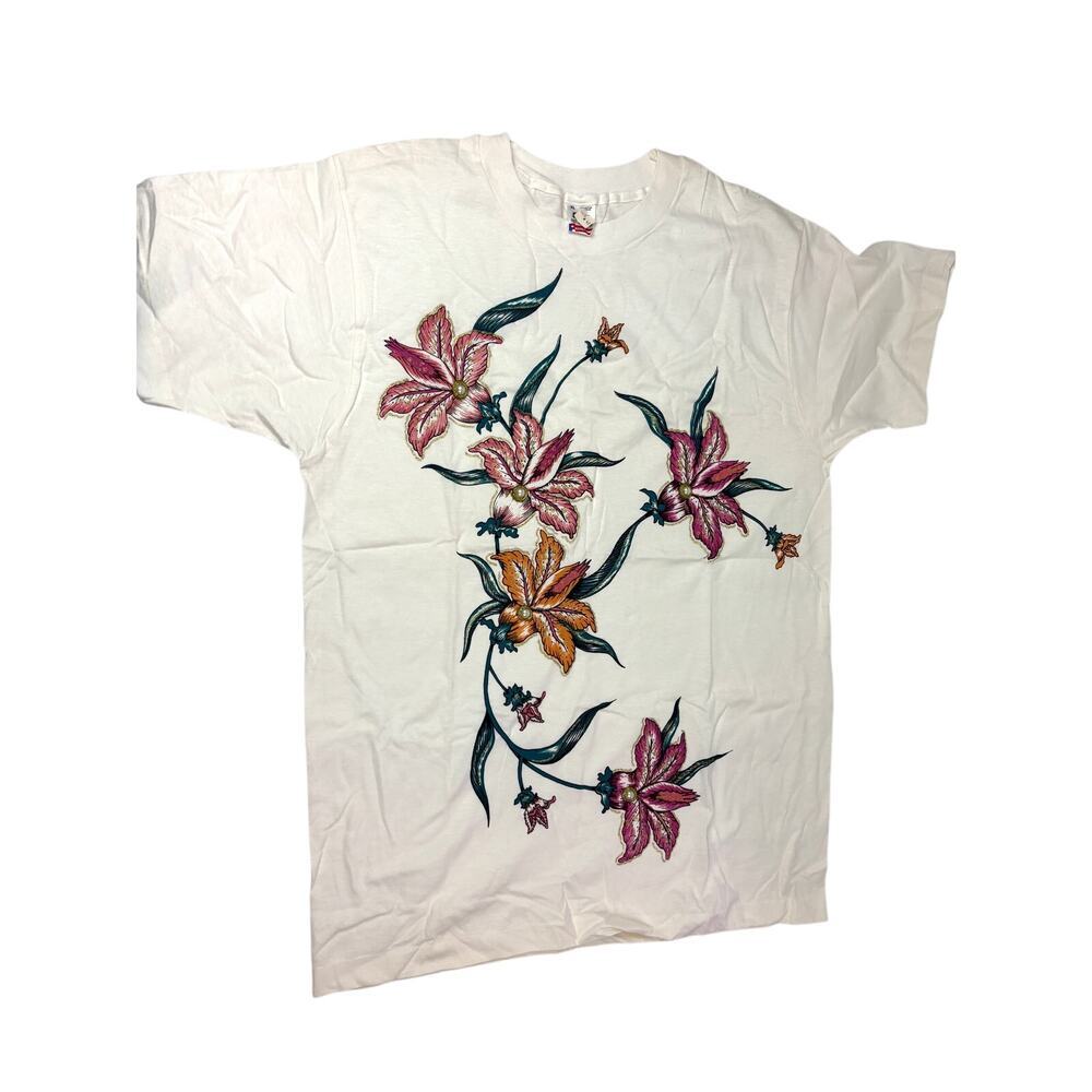 VTG 90s Hand Painted Floral T-Shirt White Single Stitch Art Tee Y2K X-Large